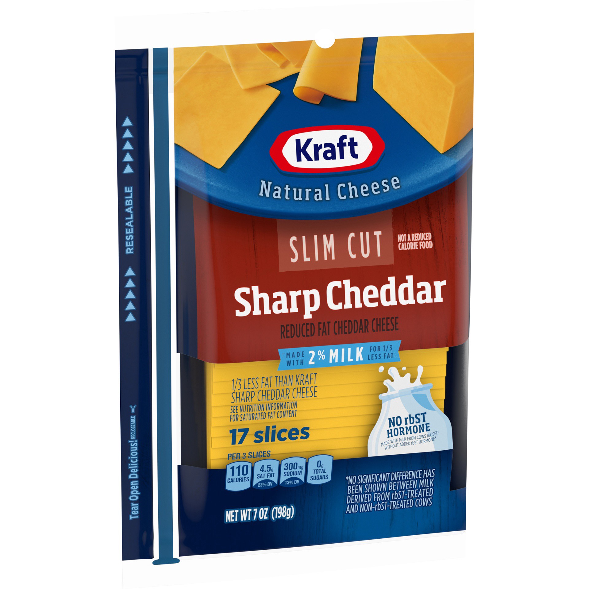 slide 3 of 13, Kraft Slim Cut Sharp Cheddar Cheese Slices with 2% Milk, 17 ct Pack, 17 pk