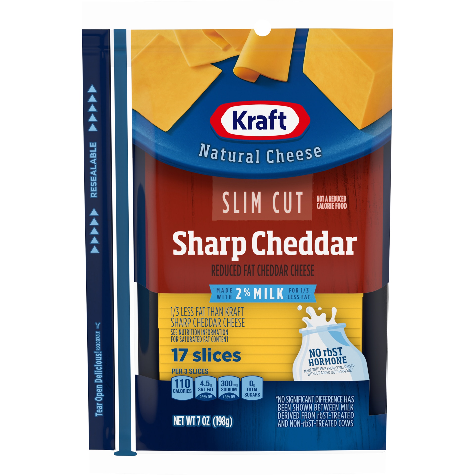 slide 1 of 6, Kraft Slim Cut Sharp Cheddar Cheese Slices with 2% Milk Pack, 7 oz