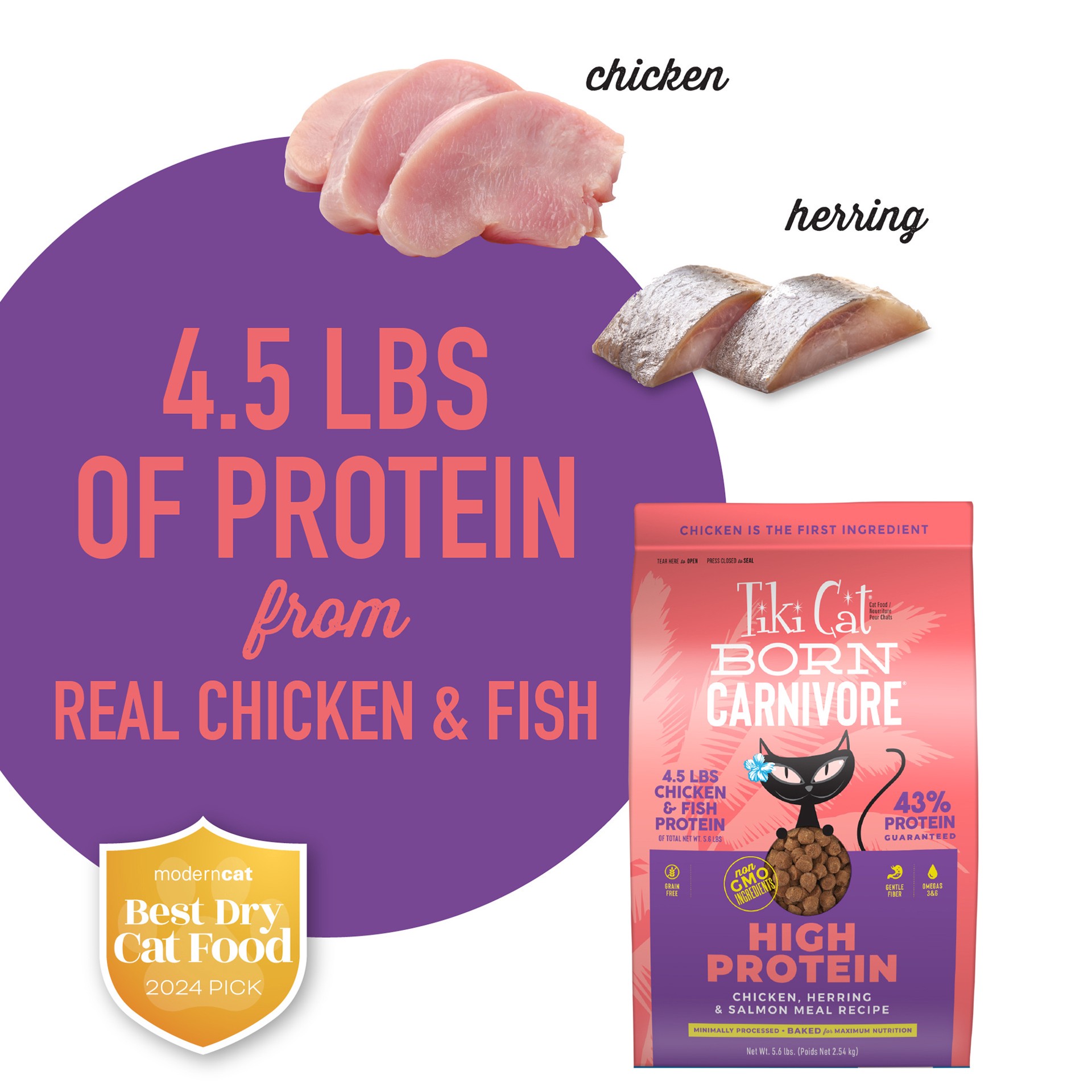 slide 6 of 7, Tiki Cat Born Carnivore High Protein Dry Cat Food, Chicken, Herring & Salmon Meal, 5.6 lbs. Bag, 5.60 lb