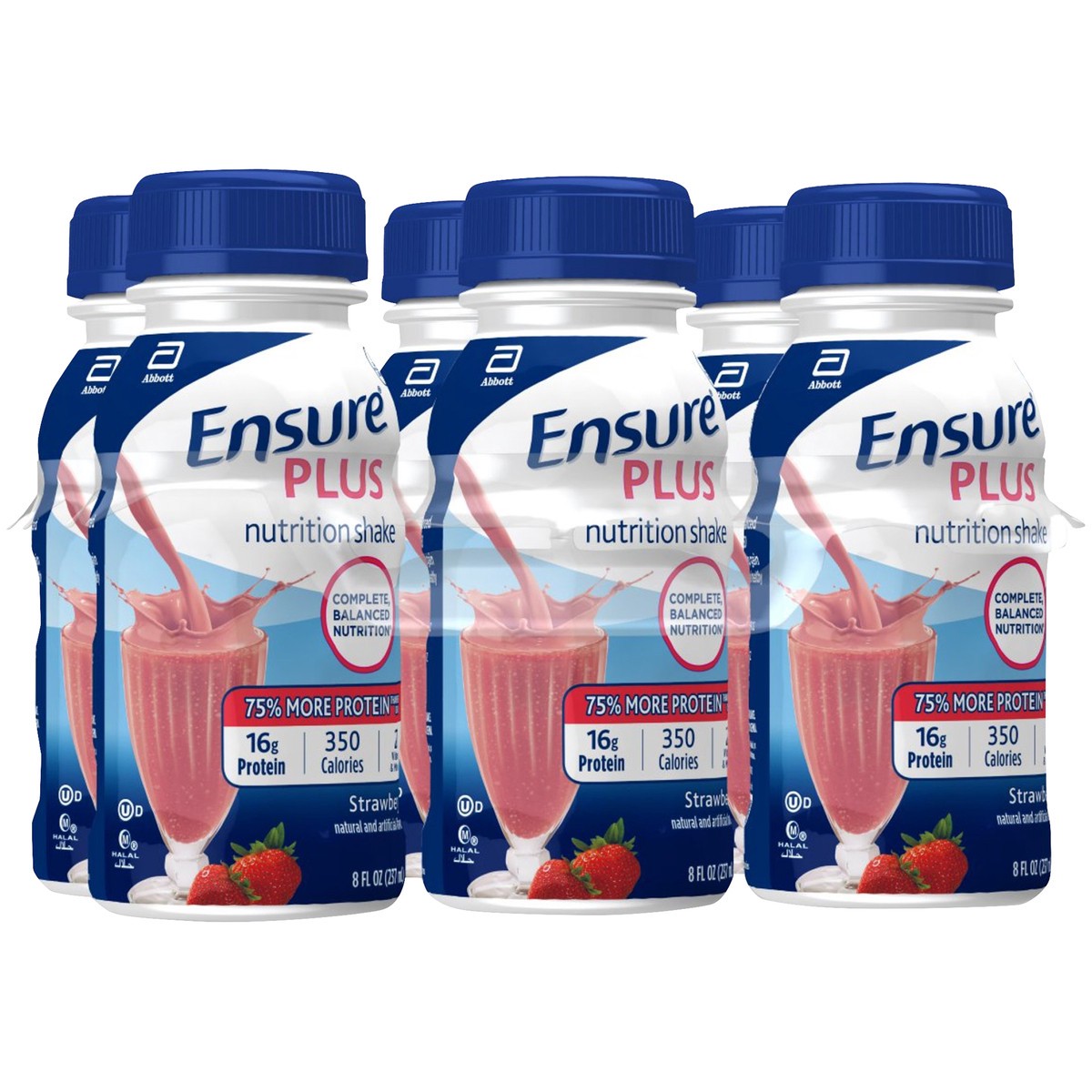 slide 4 of 14, Ensure Plus Nutrition Shake with 13 grams of high-quality protein, Meal Replacement Shakes, Strawberry, 8 fl oz, 6 count, 48 fl oz