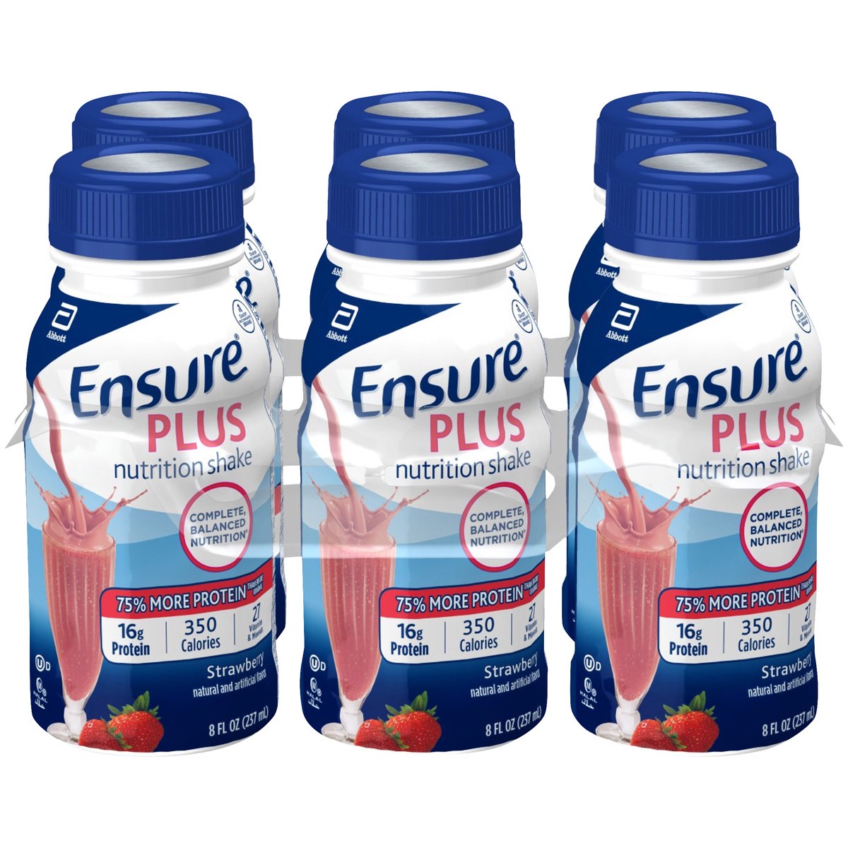 slide 1 of 14, Ensure Plus Nutrition Shake with 13 grams of high-quality protein, Meal Replacement Shakes, Strawberry, 8 fl oz, 6 count, 48 fl oz