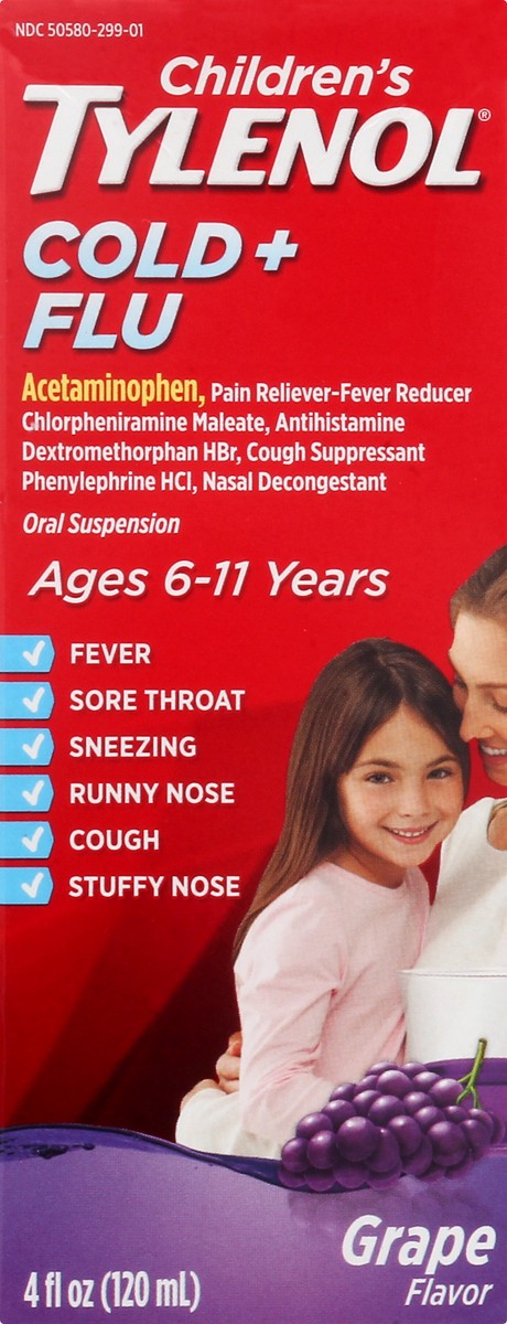 slide 3 of 9, Children's Tylenol Cold & Flu Liquid Oral Suspension Kids' Cold & Flu Medicine, Pain Reliever, Fever Reducer, Cough Suppressant & Decongestant, Grape Flavor, 4 fl. oz, 4 fl oz