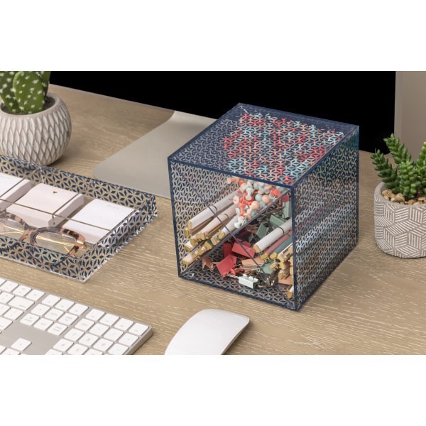 slide 10 of 10, Realspace® Zora Acrylic Desktop Organizer Cube, 6""H x 6""W x 6""D, Clear/Blue, 1 ct