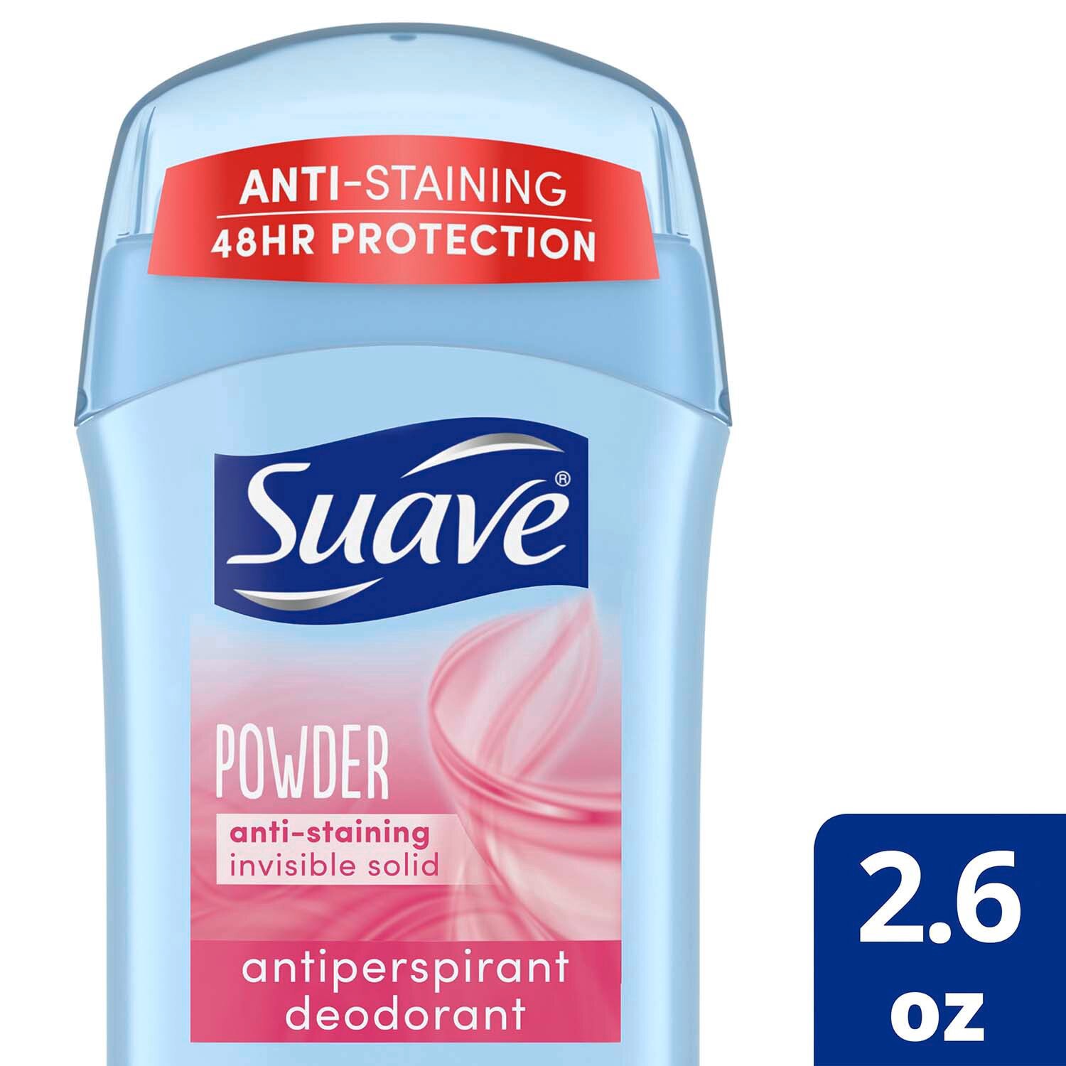slide 1 of 1, Suave 48-Hour Anti-Staining Antiperspirant & Deodorant Stick, Powder, 2.6 Oz, 2.6 oz