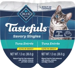 Blue Tastefuls Tastefuls Savory Singles Adult Cuts in Gravy Wet Cat Food, Tuna Entrée, Perfectly Portioned Cups in a 2.6-oz Twin-Pack Tray