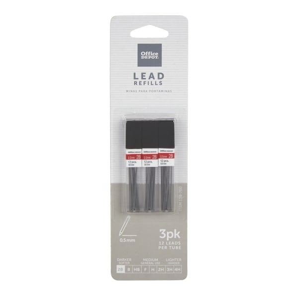 slide 1 of 2, Office Depot Brand Lead Refills, 0.5 Mm, 2B Hardness, Tube Of 12 Leads, Pack Of 3 Tubes, 3 ct