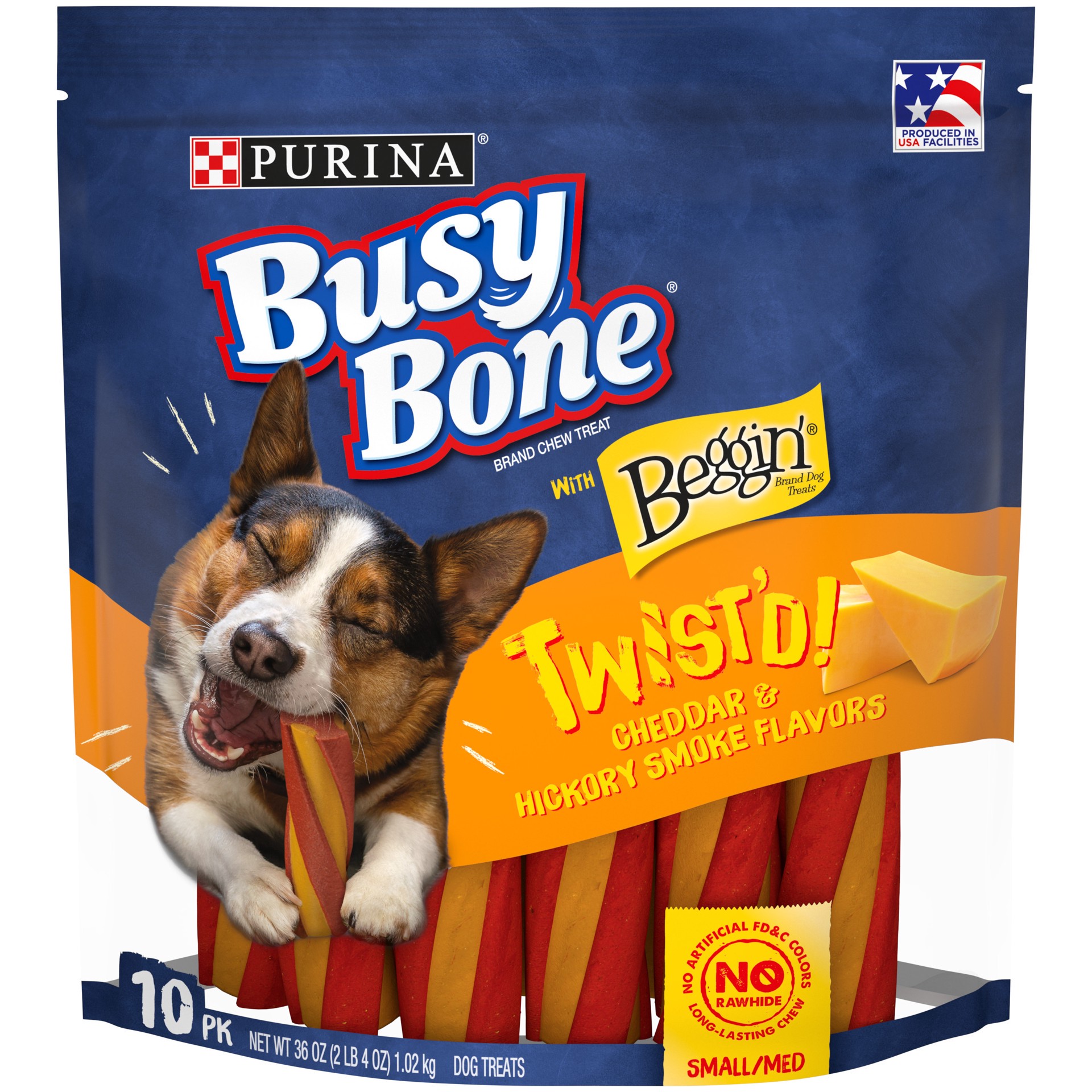 slide 1 of 2, Purina Busy With Beggin' Made in USA Facilities Small/Medium Breed Dog Chew, Twist'd Cheddar & Hickory Smoke Flavors, 36 oz