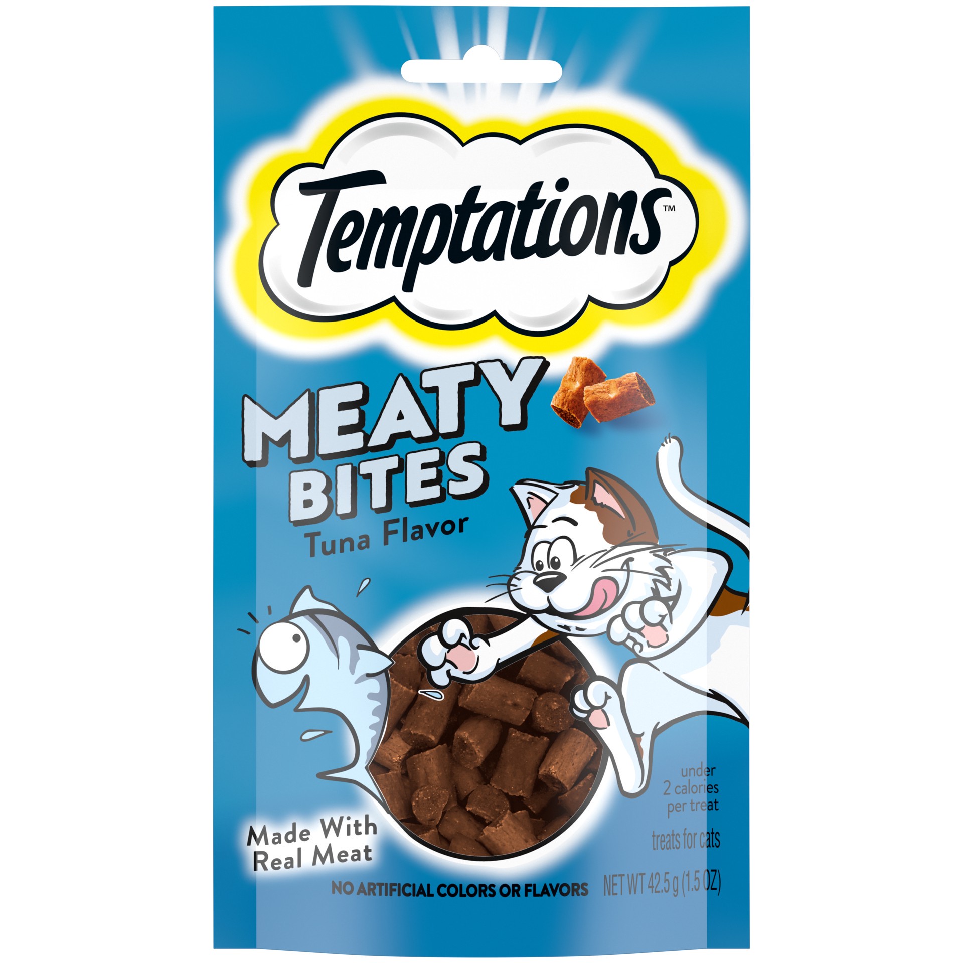slide 1 of 7, Temptations Meaty Bites, Soft And Savory Cat Treats, Tuna Flavor, 1.5 oz