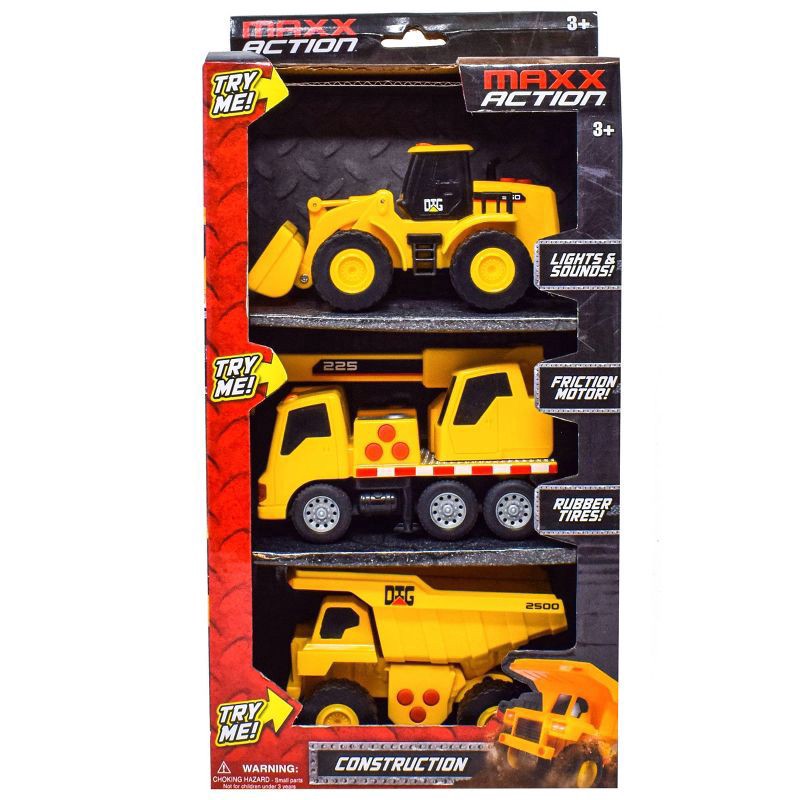 slide 1 of 9, Maxx Action Mini Construction Lights & Sounds Vehicles – Front End Loader, Excavator and Dump Truck - 3pk, 3 ct