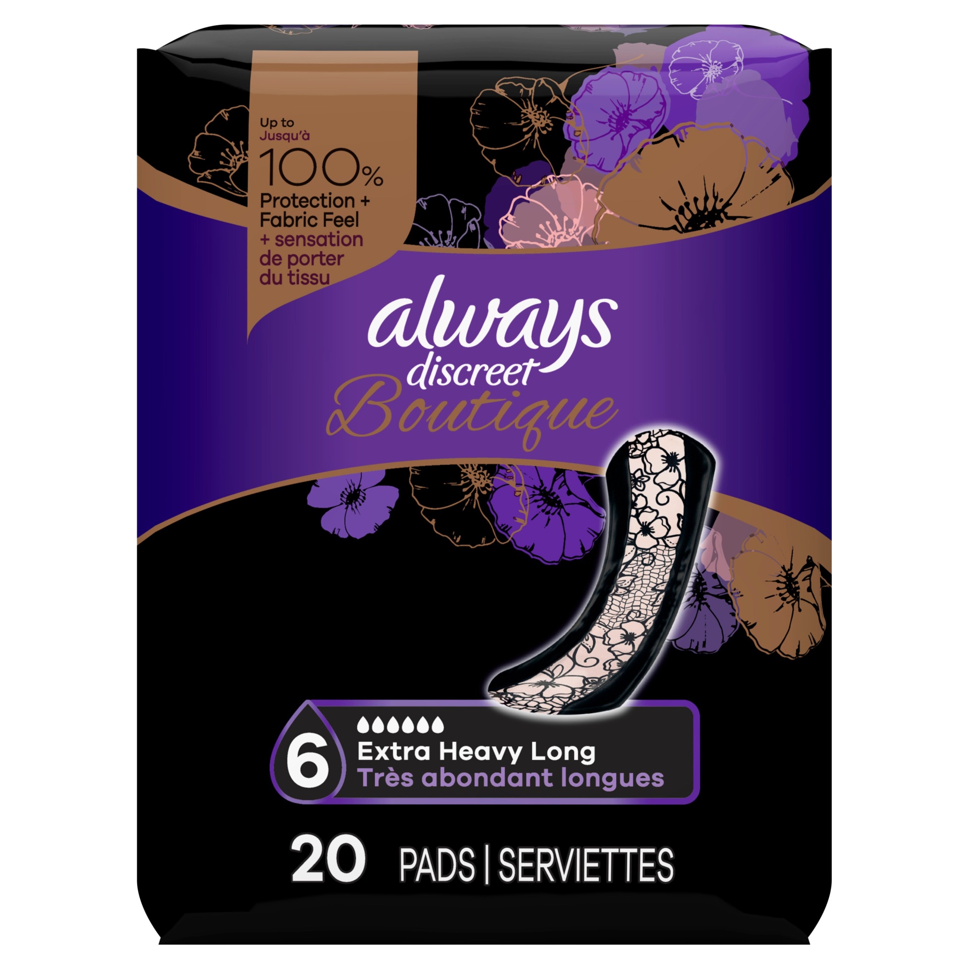 slide 1 of 6, Always Discreet Boutique Incontinence Pads Extra Heavy Absorbency, 20 ct