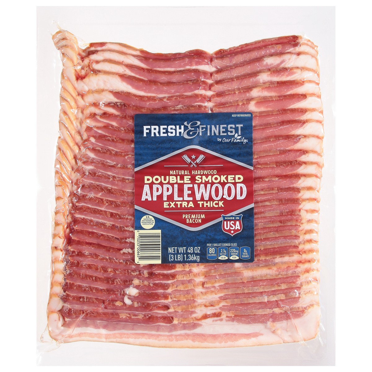 slide 4 of 4, Fresh & Finest by Our Family Extra Thick Double Smoked Premium Applewood Bacon 48 oz, 48 oz