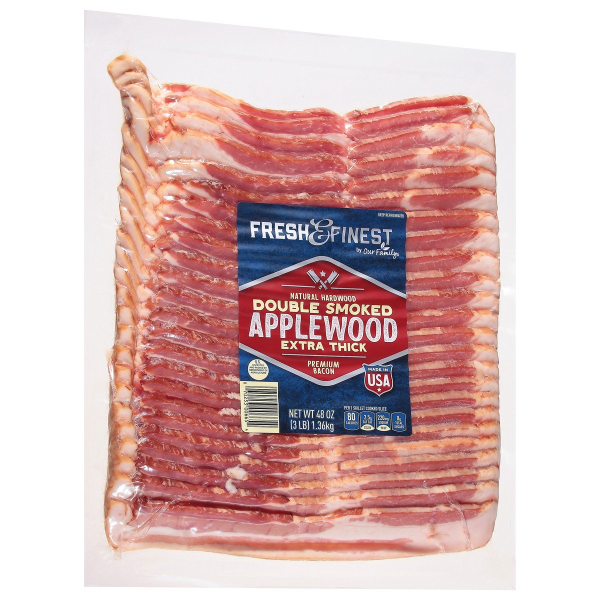 slide 3 of 4, Fresh & Finest by Our Family Extra Thick Double Smoked Premium Applewood Bacon 48 oz, 48 oz