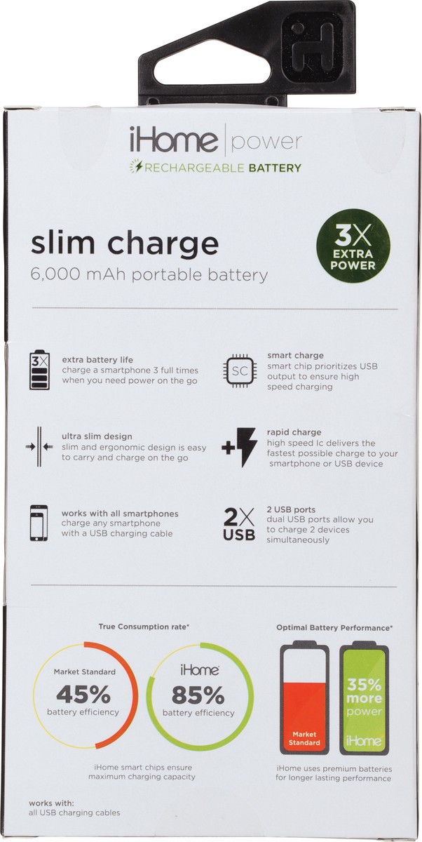 slide 2 of 9, iHome Power 6,000 mah Slim Charge Portable Battery 1 ea, 1 ct