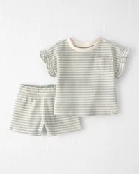 Littleplanet Baby Girl Organic Cotton Waffle Knit Top & Short Set - Green Stripes - 18M