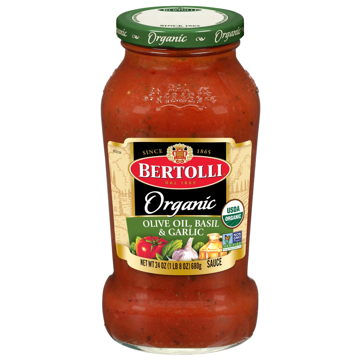 slide 1 of 8, Bertolli Organic Olive Oil, Basil & Garlic Sauce, 24 oz