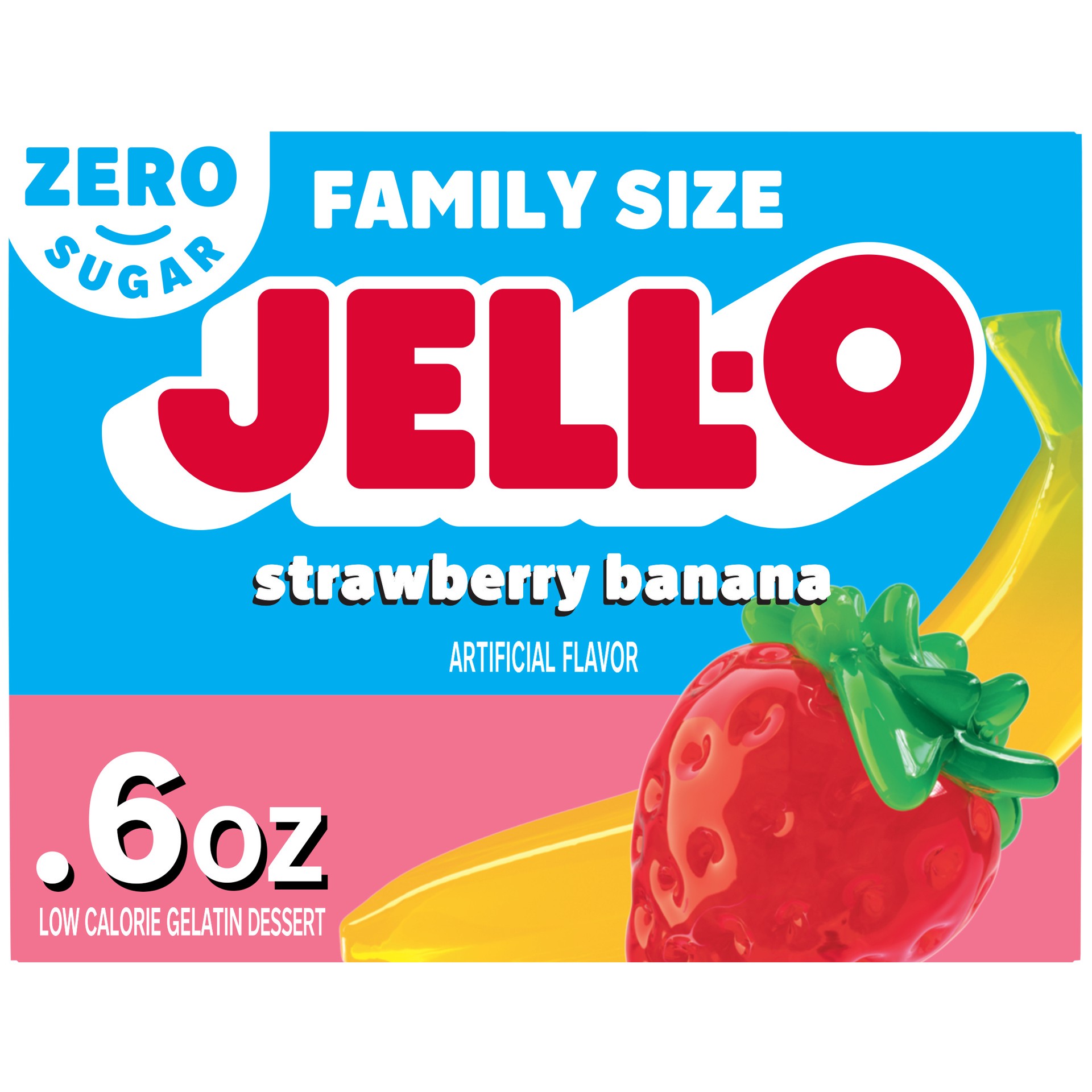 slide 1 of 9, Jell-O Strawberry Banana Artificially Flavored Zero Sugar Low Calorie Gelatin Dessert Mix, Family Size, 0.6 oz Box, 0.6 oz