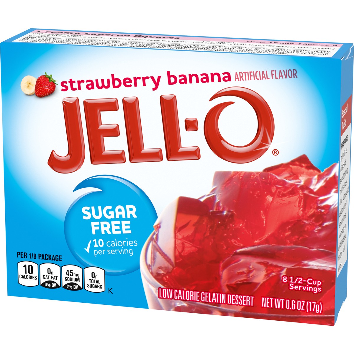 slide 6 of 9, Jell-O Strawberry Banana Artificially Flavored Zero Sugar Low Calorie Gelatin Dessert Mix, Family Size, 0.6 oz Box, 0.6 oz