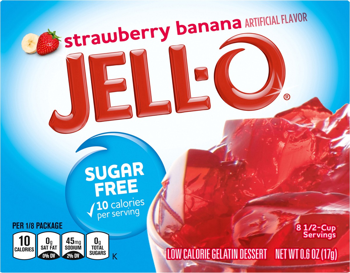 slide 3 of 9, Jell-O Strawberry Banana Artificially Flavored Zero Sugar Low Calorie Gelatin Dessert Mix, Family Size, 0.6 oz Box, 0.6 oz