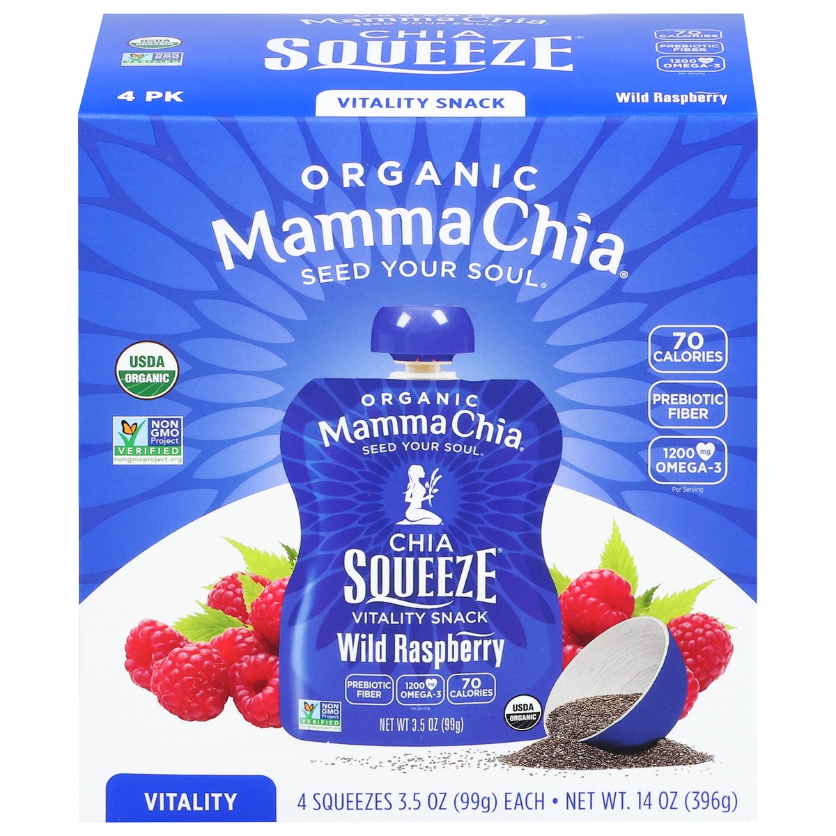 slide 1 of 9, Mama Chia Chia Squeeze Organic Wild Raspberry Vitality Snack 4 - 3.5 oz Pouches, 4 ct