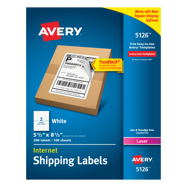 slide 1 of 10, Avery Trueblock White Laser Shipping Labels, Internet, 5126, 200 ct; 5.5 in x 8.5 in