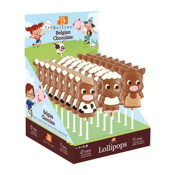 slide 1 of 1, Belfine Farm Animal Assorted Chocolate Lollipops, 1.23 oz