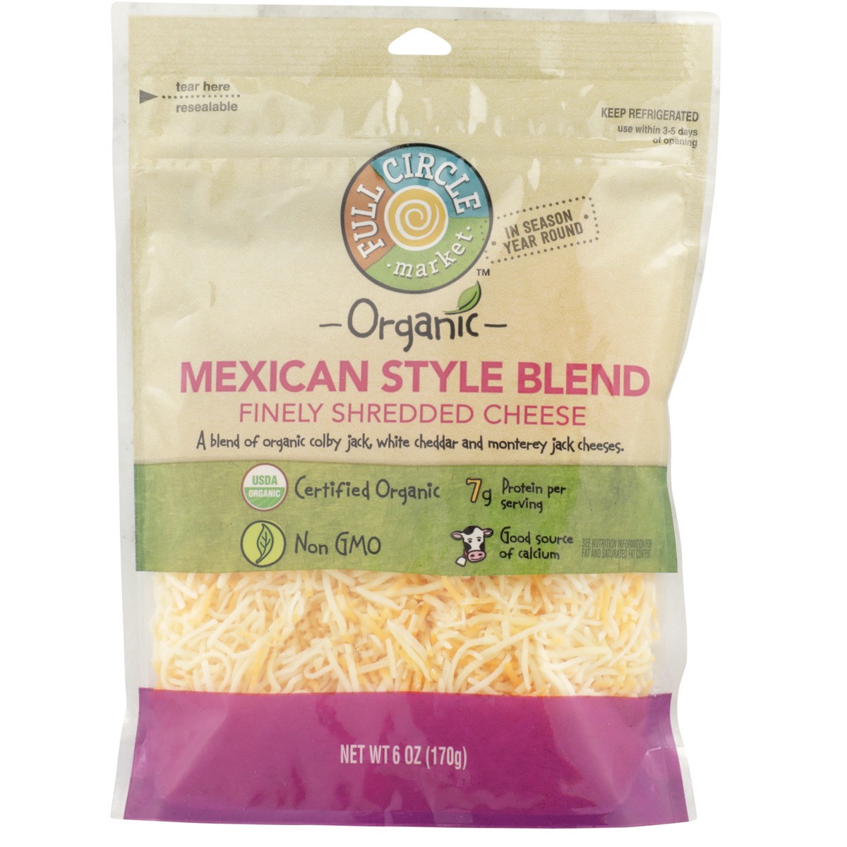 slide 2 of 9, Full Circle Market Organic,Mexican Style Blend Finely Shredded Cheese, 6 oz