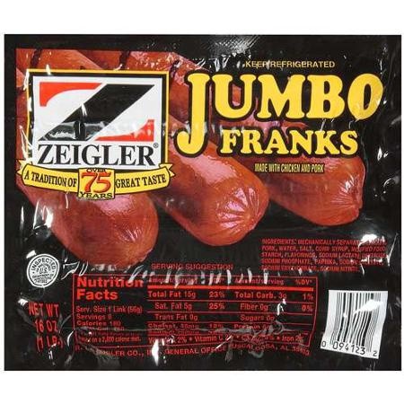 slide 1 of 1, Zeigler Jumbo Franks, 16 oz