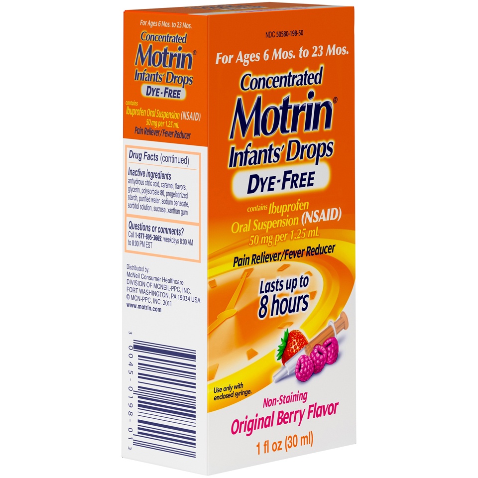 slide 2 of 6, Infants' Motrin Oral Suspension Concentrated Liquid Medicine Drops with Ibuprofen, NSAID Fever Reducer & Pain Reliever for Babies, Dye Free, Alcohol-Free, Berry Flavored, 1 fl oz