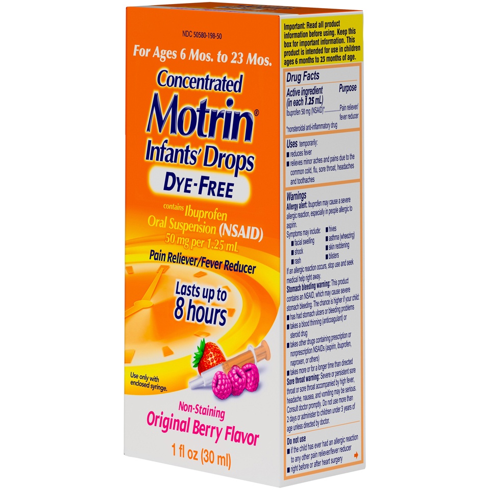 slide 3 of 6, Infants' Motrin Oral Suspension Concentrated Liquid Medicine Drops with Ibuprofen, NSAID Fever Reducer & Pain Reliever for Babies, Dye Free, Alcohol-Free, Berry Flavored, 1 fl oz