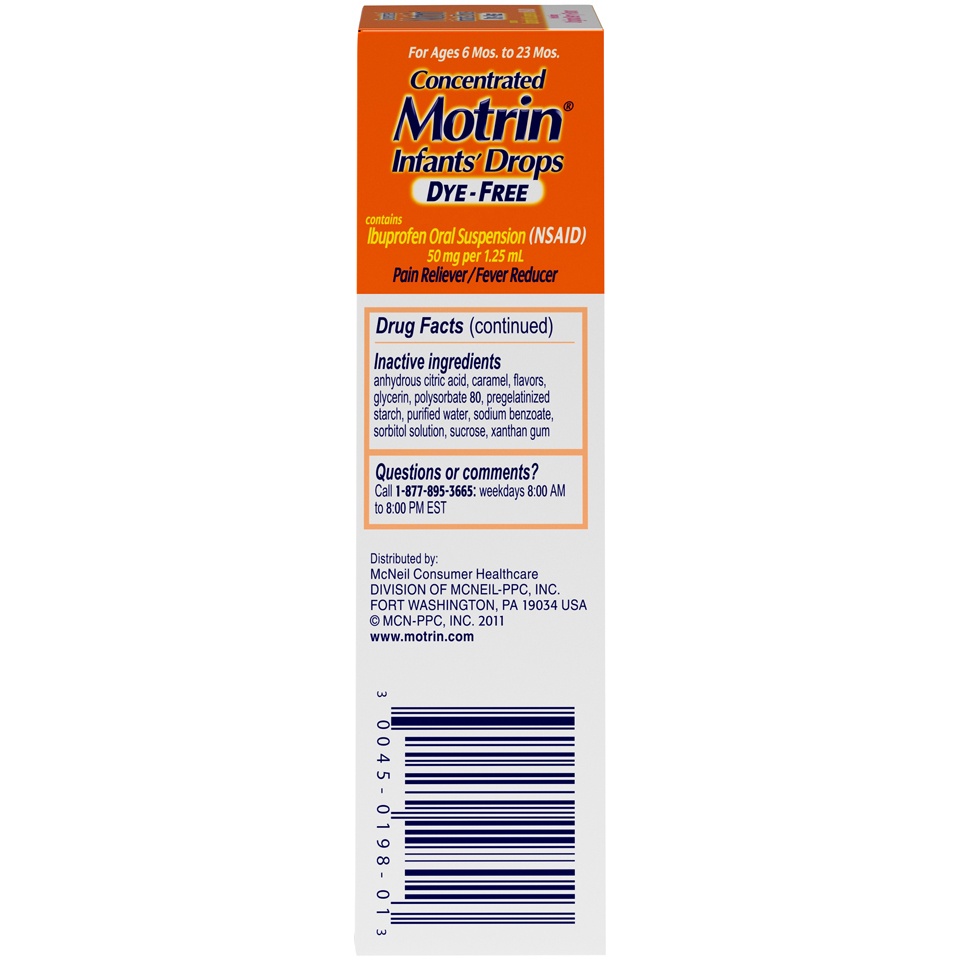 slide 4 of 6, Infants' Motrin Oral Suspension Concentrated Liquid Medicine Drops with Ibuprofen, NSAID Fever Reducer & Pain Reliever for Babies, Dye Free, Alcohol-Free, Berry Flavored, 1 fl oz