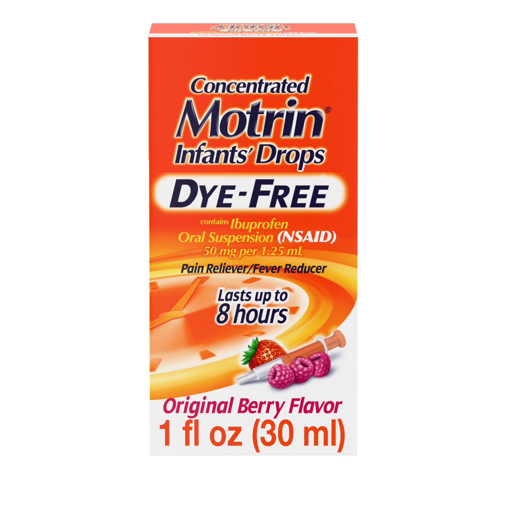 slide 1 of 6, Infants' Motrin Oral Suspension Concentrated Liquid Medicine Drops with Ibuprofen, NSAID Fever Reducer & Pain Reliever for Babies, Dye Free, Alcohol-Free, Berry Flavored, 1 fl oz