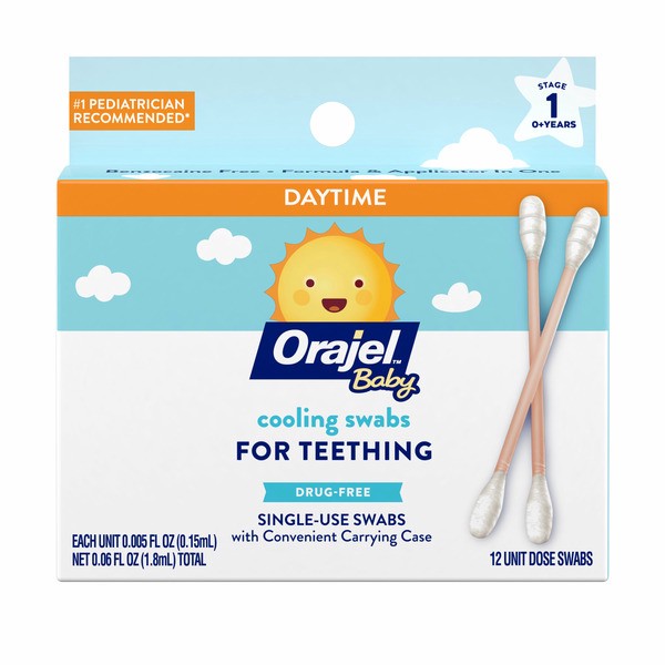slide 1 of 1, Orajel Baby Daytime Cooling Swabs For Teething, Drug-Free, #1 Pediatrician Recommended Brand For Teething*, Swabs In Carrying Case, 12 1n