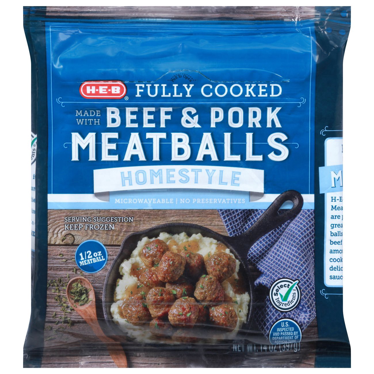 slide 1 of 1, H-E-B Fully Cooked Homestyle Meatballs, 14 oz
