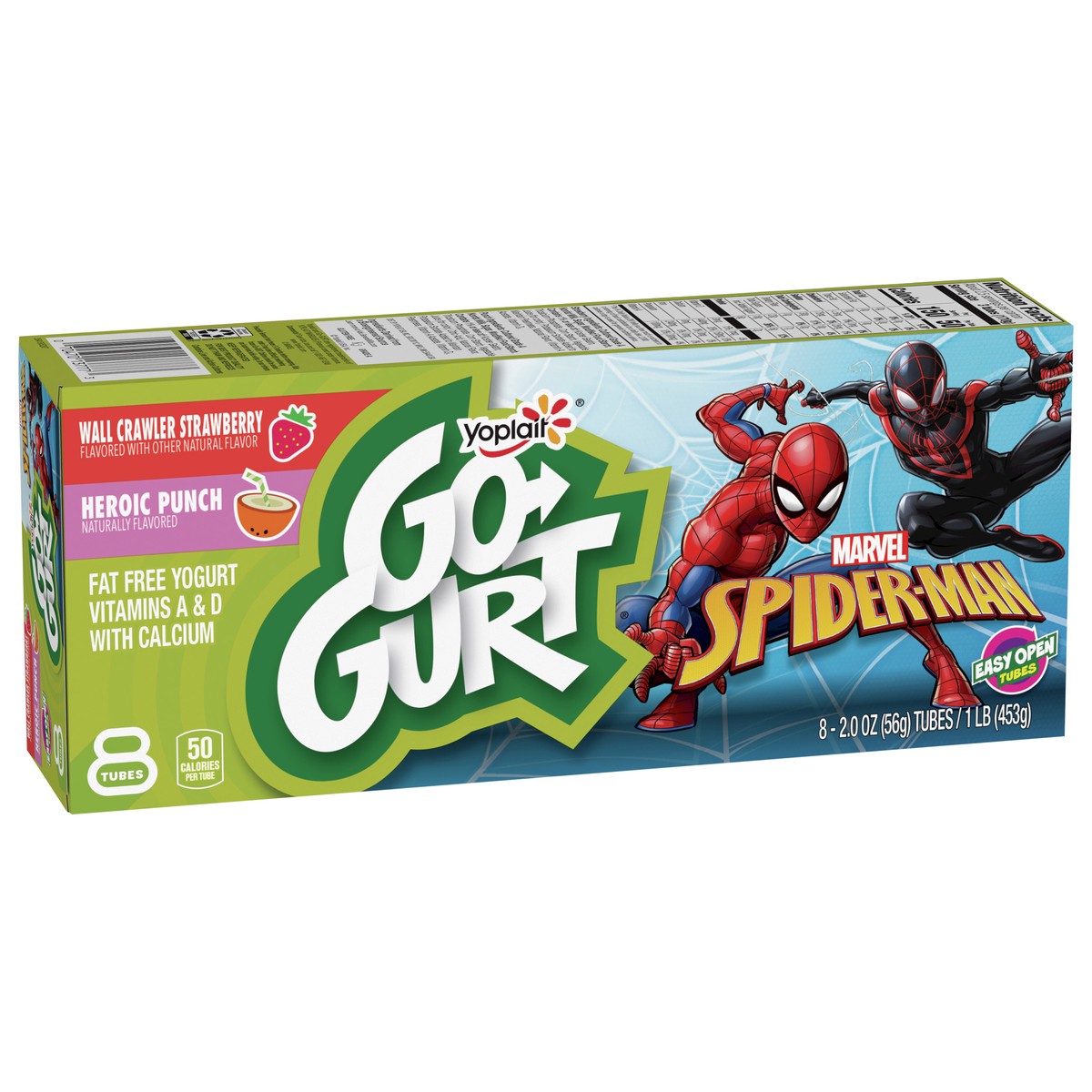 slide 11 of 13, Go-GURT Marvel Spider-Man Wall Crawler Strawberry and Heroic Punch Kids Fat Free Yogurt Variety Pack, Gluten Free, 2 oz Yogurt Tubes (8 Count), 8 ct