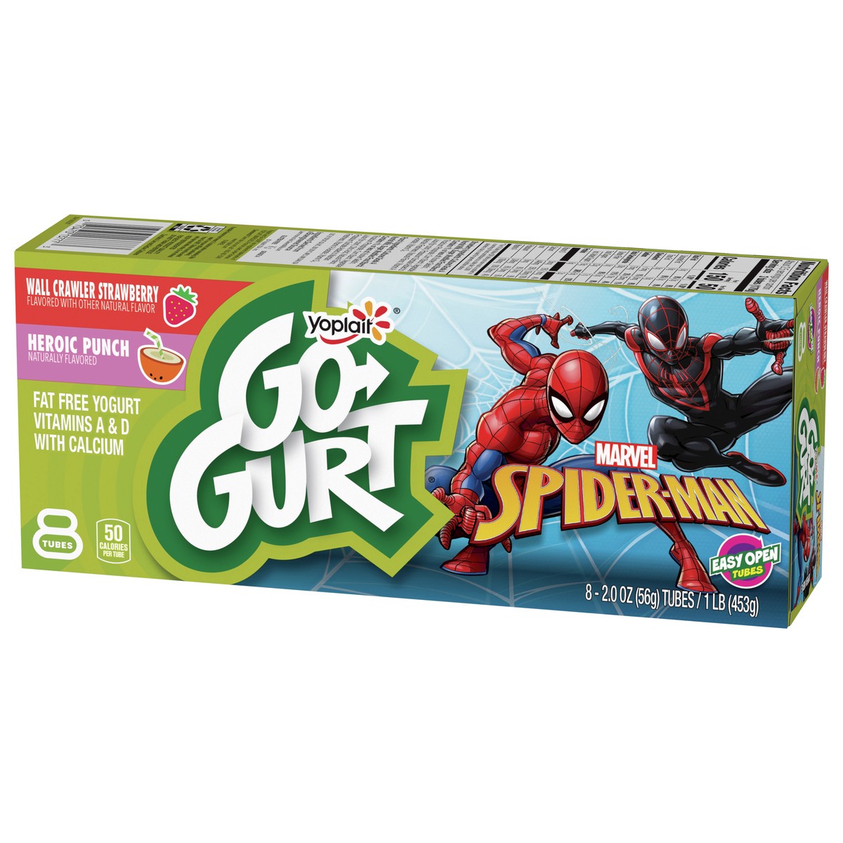 slide 3 of 13, Go-GURT Marvel Spider-Man Wall Crawler Strawberry and Heroic Punch Kids Fat Free Yogurt Variety Pack, Gluten Free, 2 oz Yogurt Tubes (8 Count), 8 ct