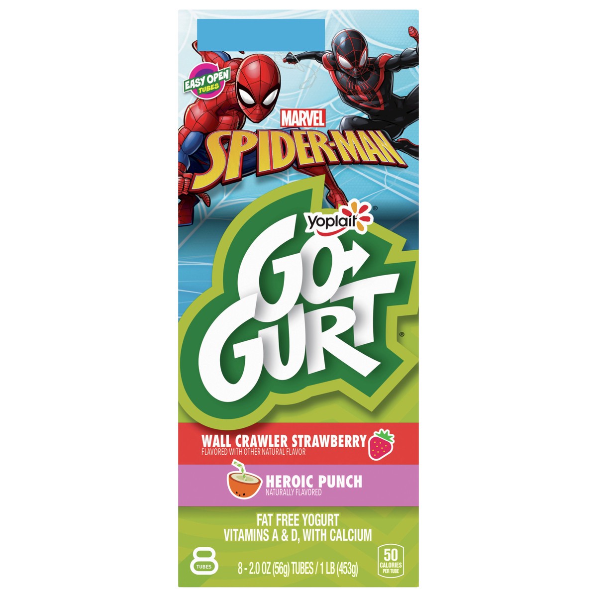 slide 1 of 13, Go-GURT Marvel Spider-Man Wall Crawler Strawberry and Heroic Punch Kids Fat Free Yogurt Variety Pack, Gluten Free, 2 oz Yogurt Tubes (8 Count), 8 ct