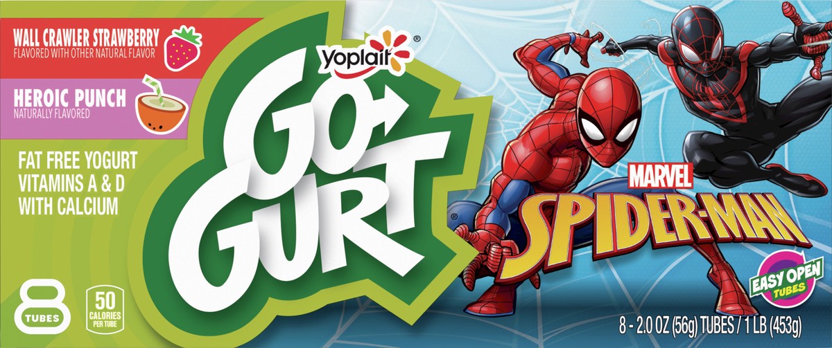 slide 12 of 13, Go-GURT Marvel Spider-Man Wall Crawler Strawberry and Heroic Punch Kids Fat Free Yogurt Variety Pack, Gluten Free, 2 oz Yogurt Tubes (8 Count), 8 ct