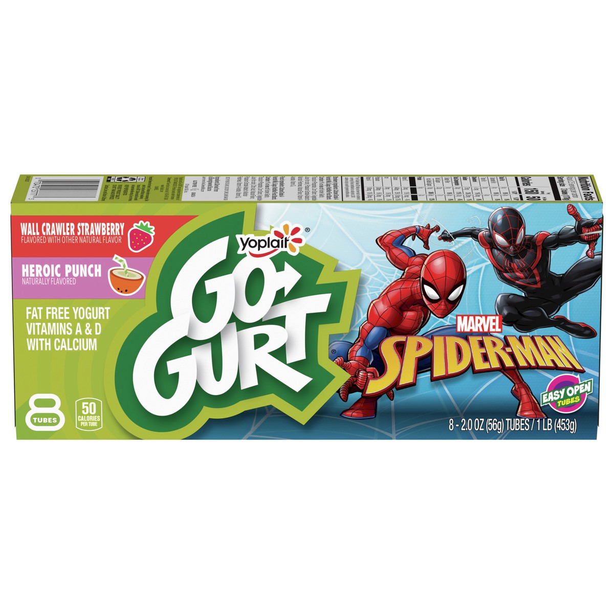 slide 6 of 13, Go-GURT Marvel Spider-Man Wall Crawler Strawberry and Heroic Punch Kids Fat Free Yogurt Variety Pack, Gluten Free, 2 oz Yogurt Tubes (8 Count), 8 ct