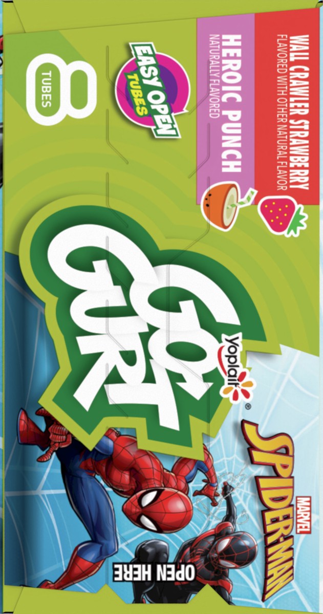 slide 5 of 13, Go-GURT Marvel Spider-Man Wall Crawler Strawberry and Heroic Punch Kids Fat Free Yogurt Variety Pack, Gluten Free, 2 oz Yogurt Tubes (8 Count), 8 ct