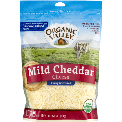 slide 2 of 16, Organic Valley Finely Shredded Mild Cheddar Cheese, 6 oz