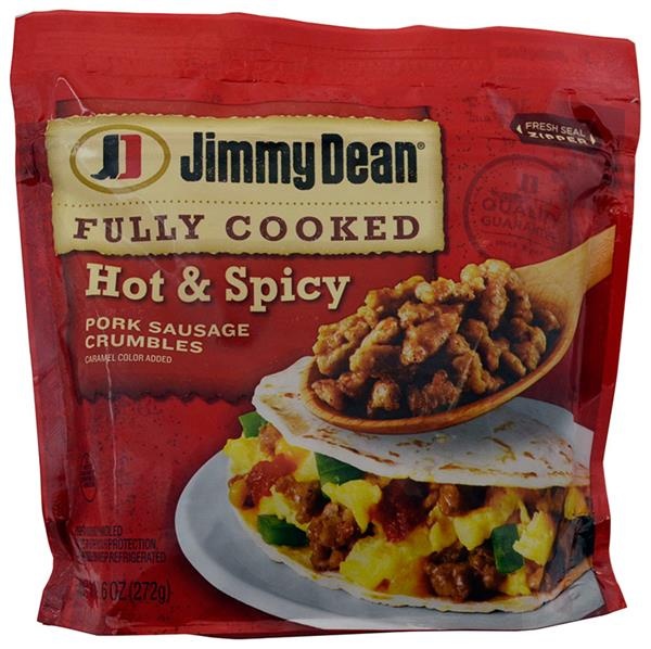 slide 1 of 1, Jimmy Dean Fully Cooked Hot & Spicy Pork Sausage Crumbles, 9.6 oz