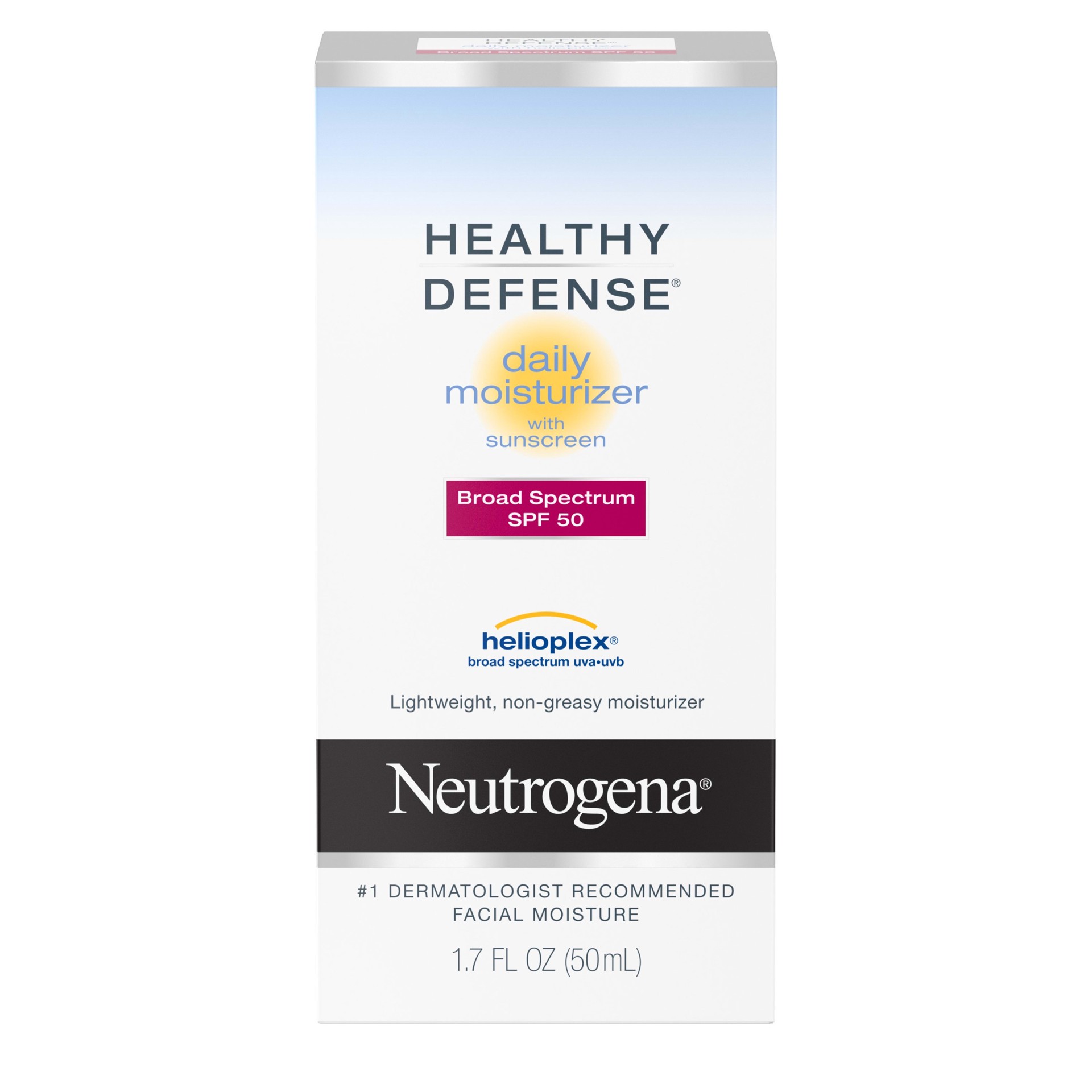 slide 4 of 5, Neutrogena Healthy Defense Daily Moisturizer with SPF 50 and Vitamin E, Lightweight Face Lotion with SPF 50 Sunscreen and Antioxidants, Vitamin C & Vitamin E, 1.7 fl. oz, 1.7 fl oz