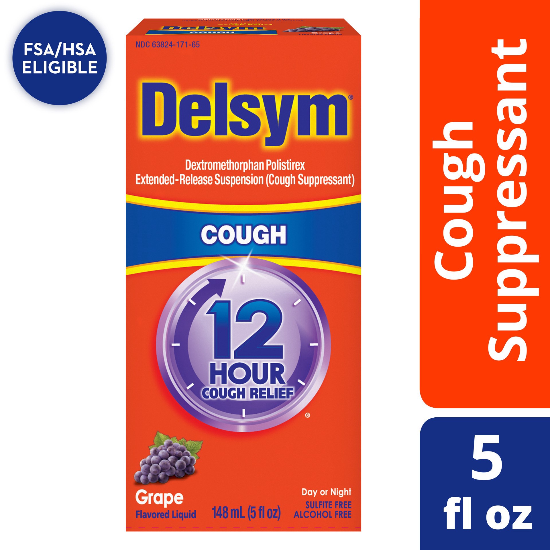 slide 1 of 1, Delsym Adult Cough Suppressant Liquid, Grape Flavor, 5 fl oz
