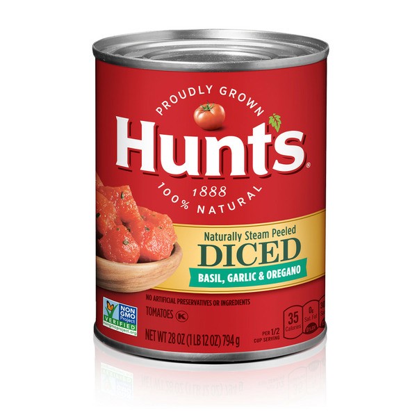 slide 1 of 1, Hunt's Diced Tomatoes with Basil Garlic and Oregano, 28 oz