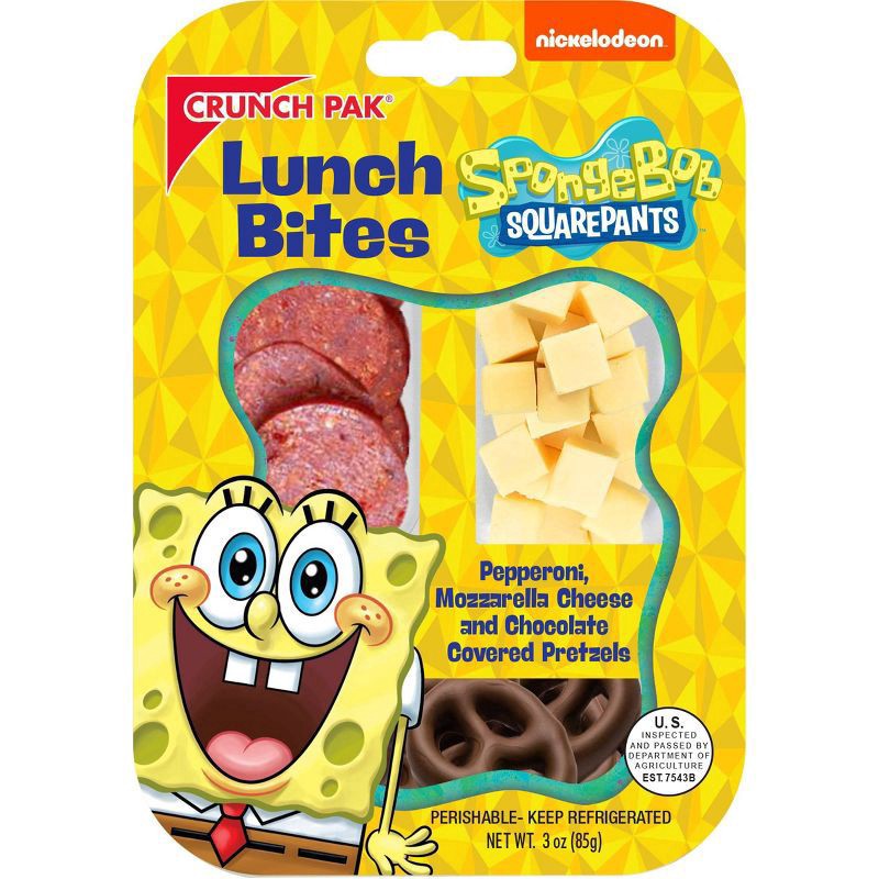 slide 1 of 3, Crunch Pak SpongeBob SquarePants Lunch Bites with Pepperoni, Mozzarella & Chocolate Covered Pretzels - 3oz, 3 oz