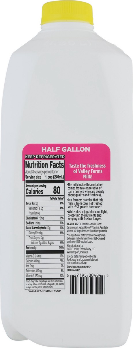 slide 11 of 14, Valley Farms Super Skim Fat Free Milk 0.5 gl Jug, 1/2 gal