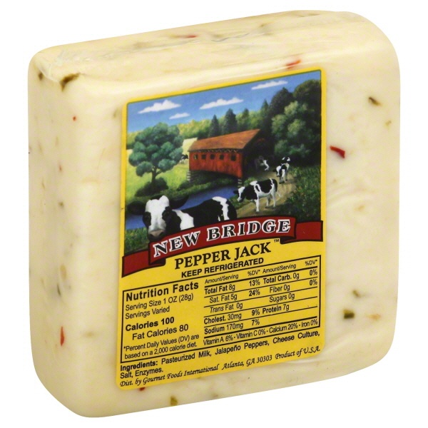 slide 1 of 1, New Bridge Pepper Jack Square Cut Cheese, per lb