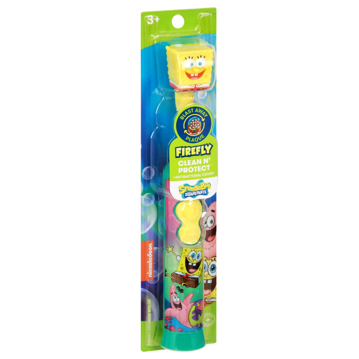 slide 5 of 9, Firefly Power Protect Battery Toothbrush with Antibacterial Character Cap - SpongeBob Squarespants, 1 ct