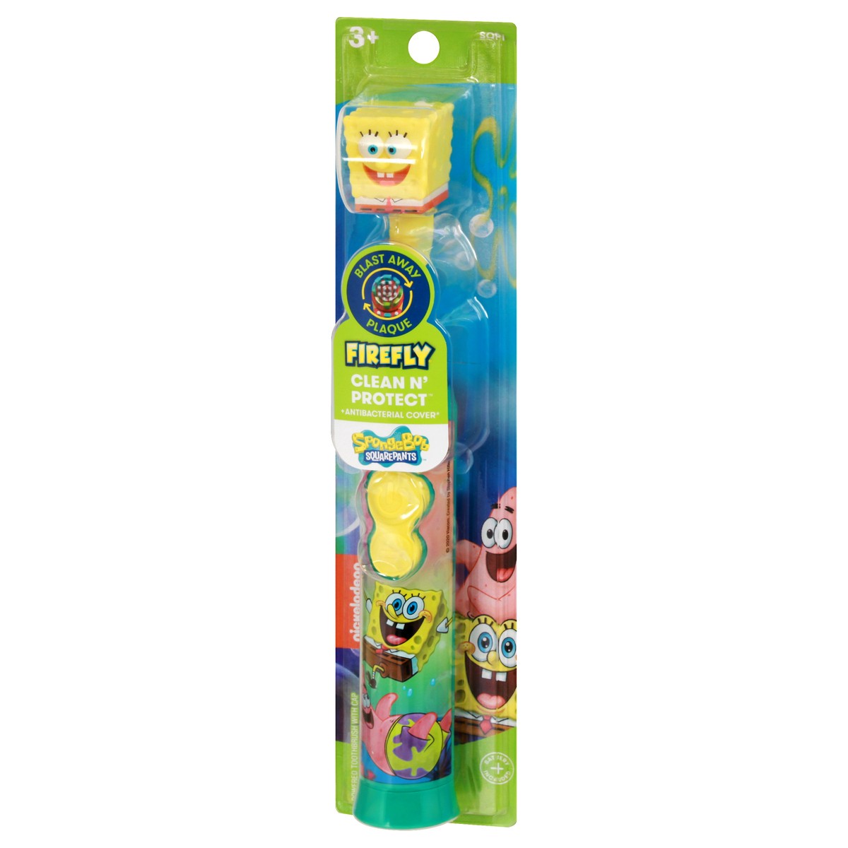 slide 6 of 9, Firefly Power Protect Battery Toothbrush with Antibacterial Character Cap - SpongeBob Squarespants, 1 ct