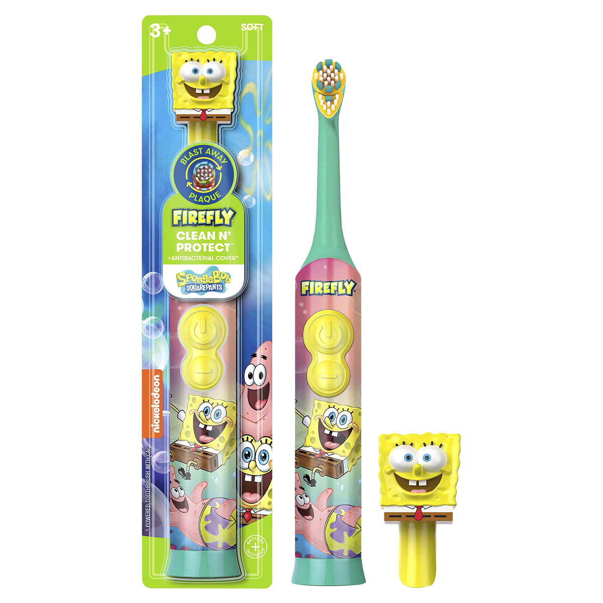 slide 1 of 9, Firefly Power Protect Battery Toothbrush with Antibacterial Character Cap - SpongeBob Squarespants, 1 ct